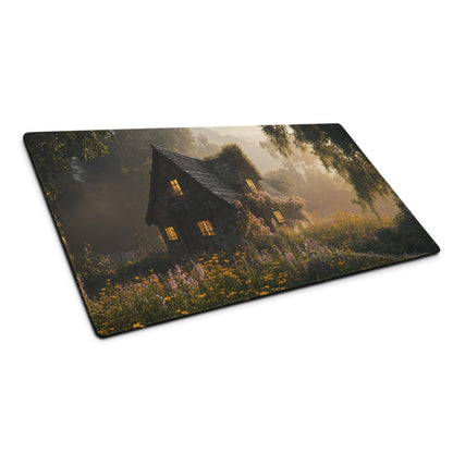 Dreamy cottage garden gaming mouse pad with golden hour glow
