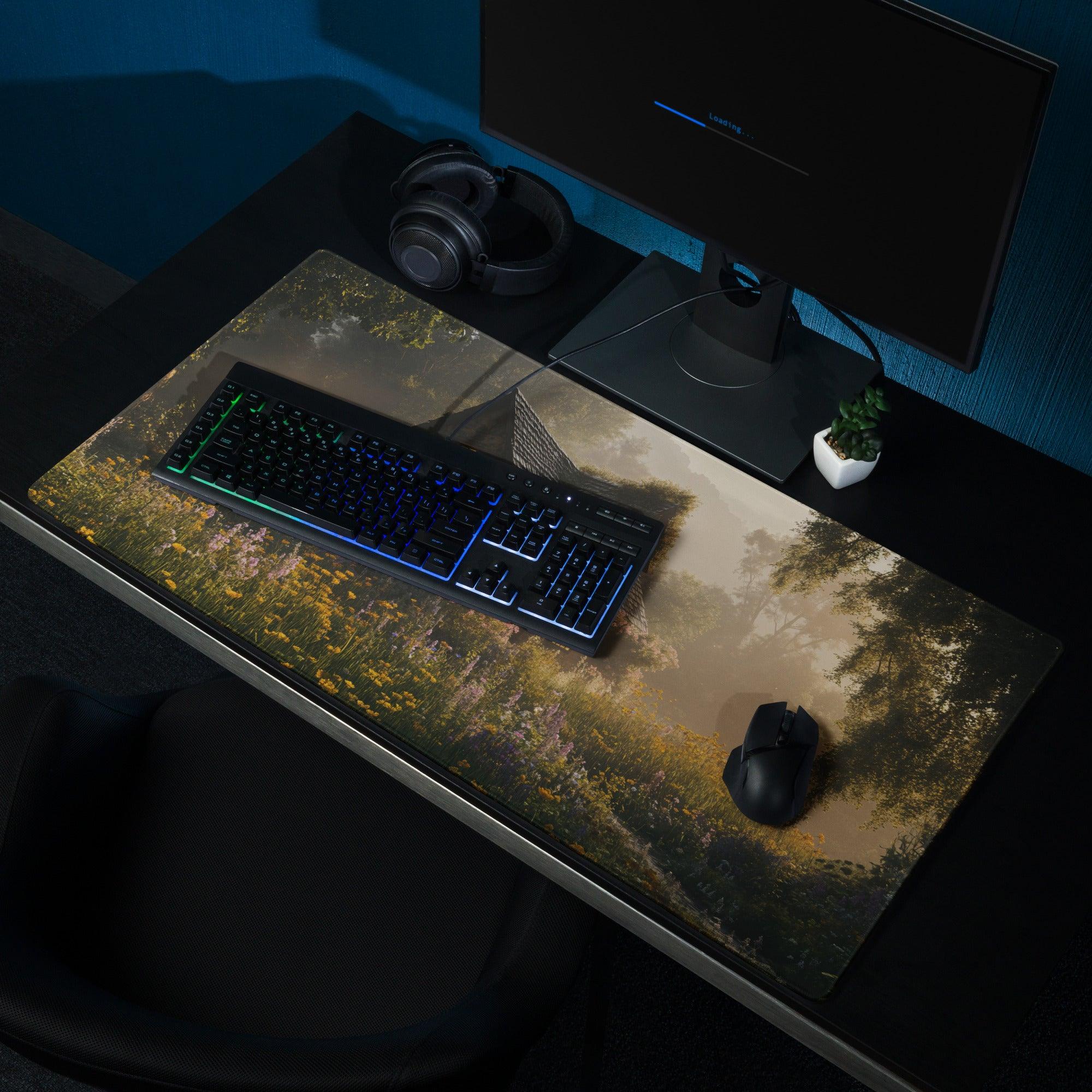 Dreamy cottage garden gaming mousepad with golden hour glow landscape