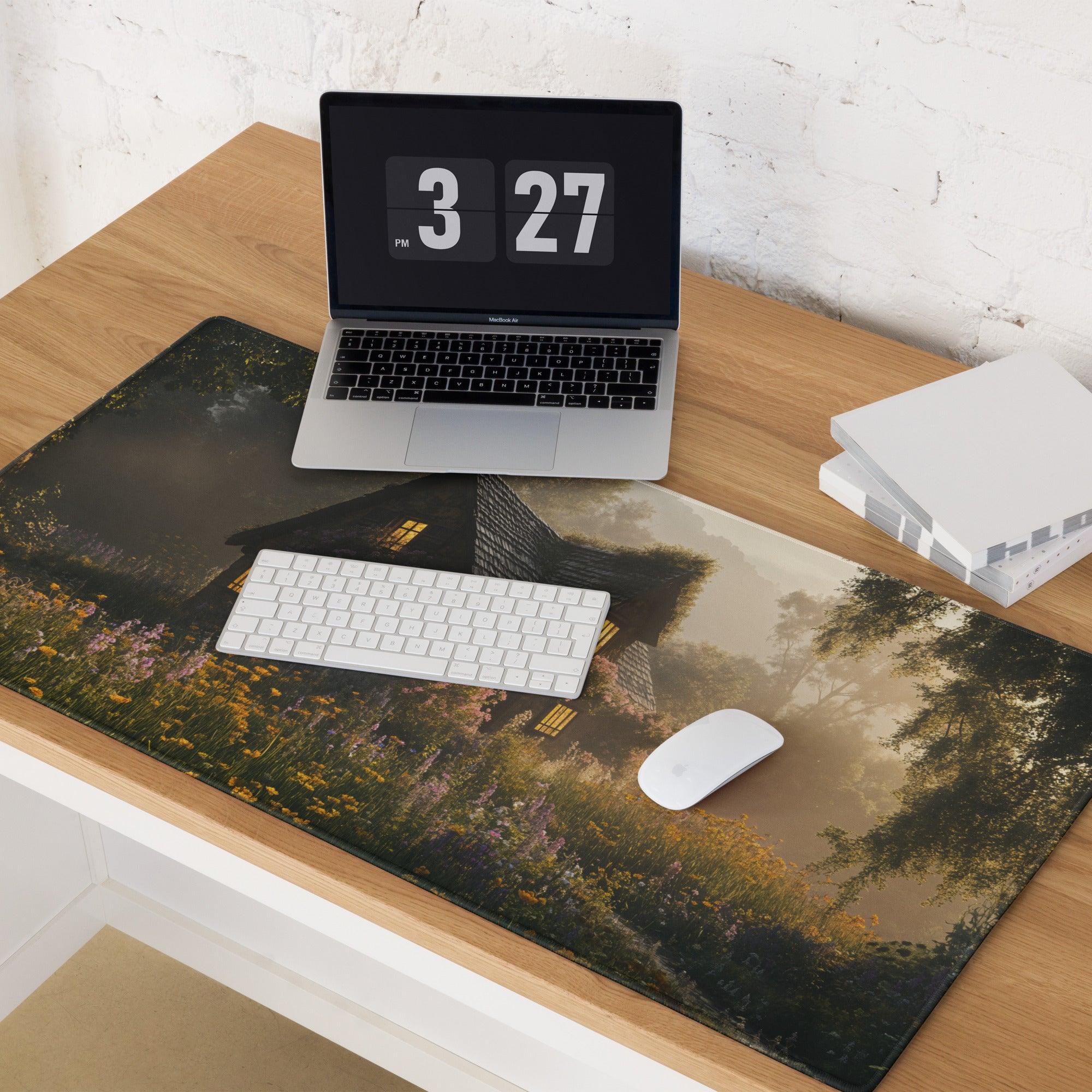 Dreamy cottage garden gaming mouse pad with golden hour glow