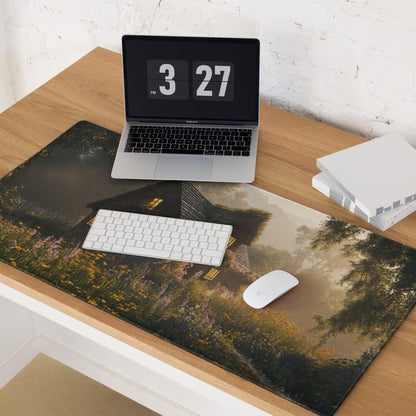 Dreamy cottage garden gaming mouse pad with golden hour glow
