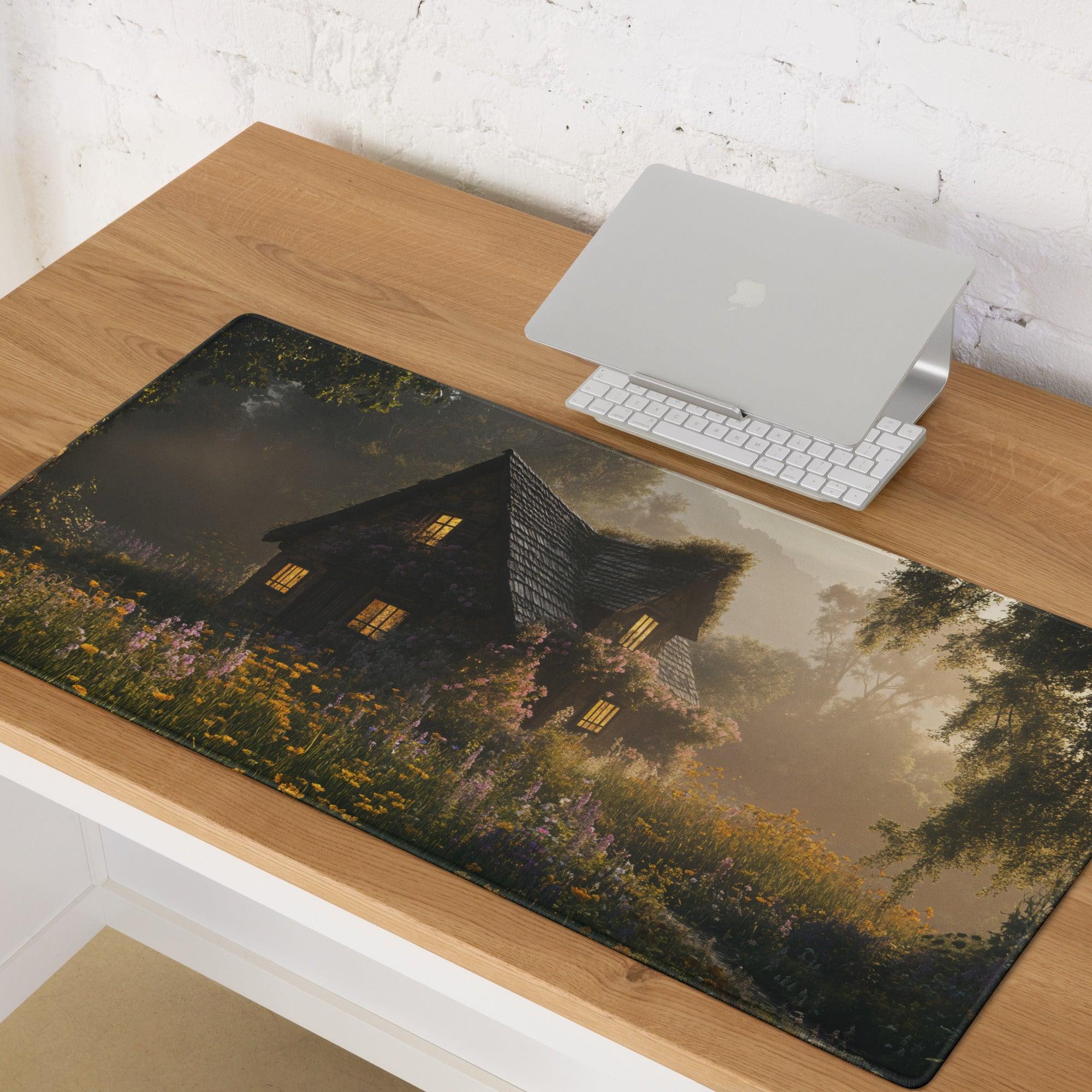 Dreamy cottage garden gaming mouse pad with golden hour glow