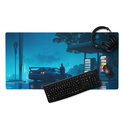 Blue neon cyberpunk cityscape gaming mousepad with rainy sports car silhouette