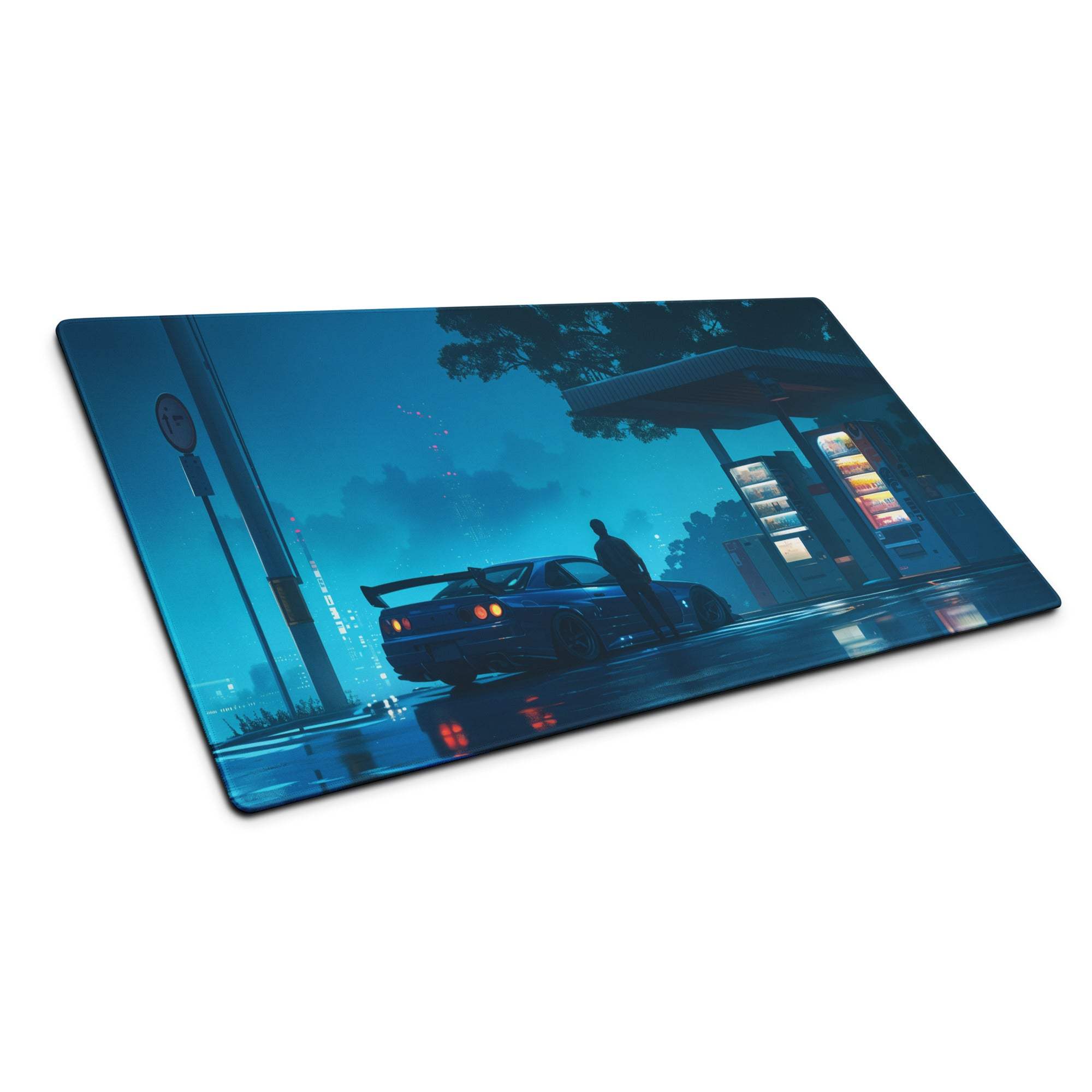 Cyberpunk Night Drive neon blue gaming mouse pad with car at neon gas station