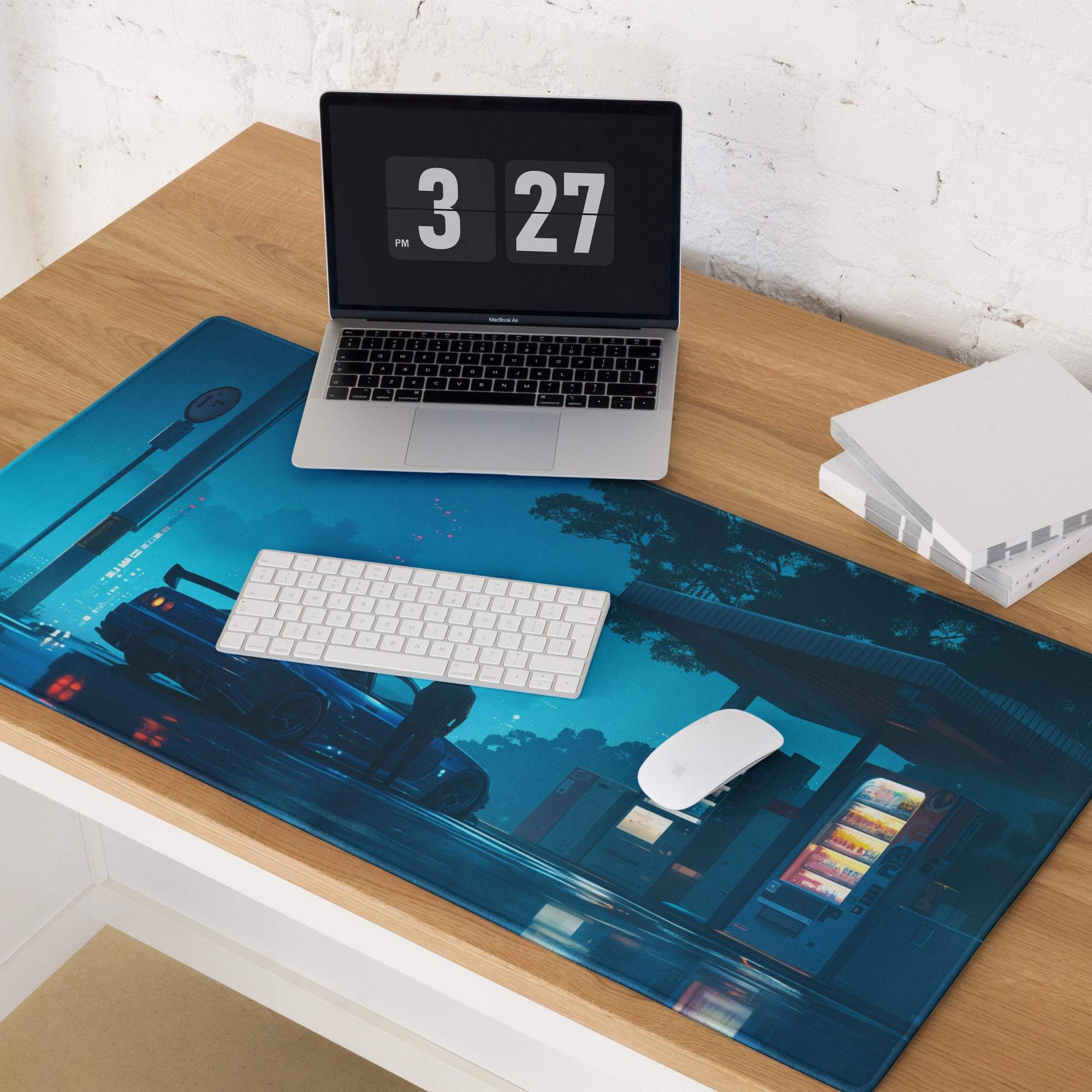 Cyberpunk Night Drive neon blue gaming mouse pad with nighttime street scene