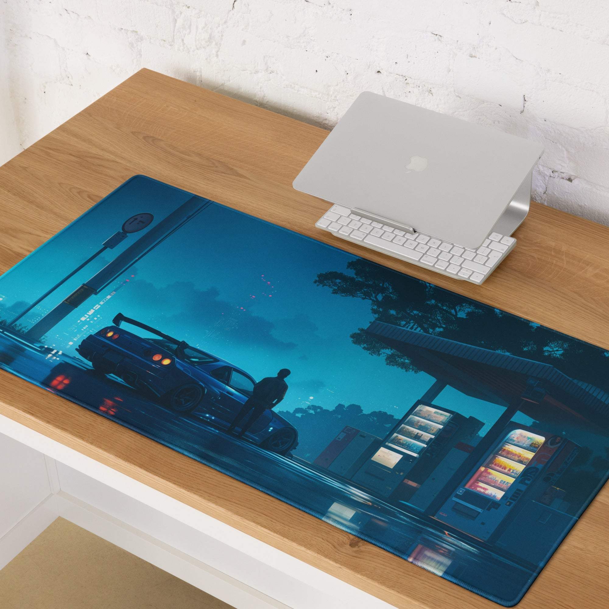 Cyberpunk Night Drive Neon Blue gaming mouse pad with anime sports car cityscape