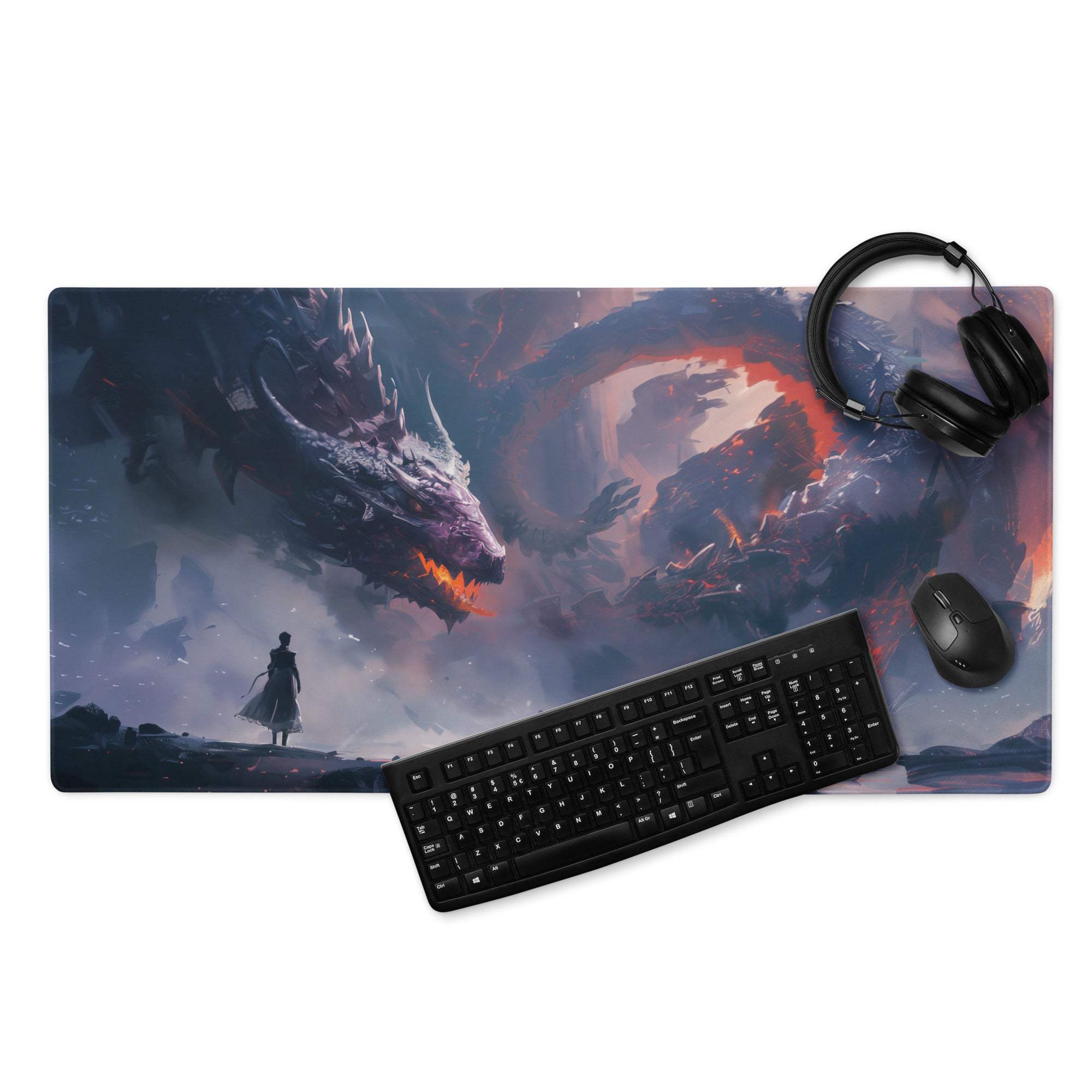 Epic Dragon Siege fantasy gaming mousepad with dragon and stormy sky art