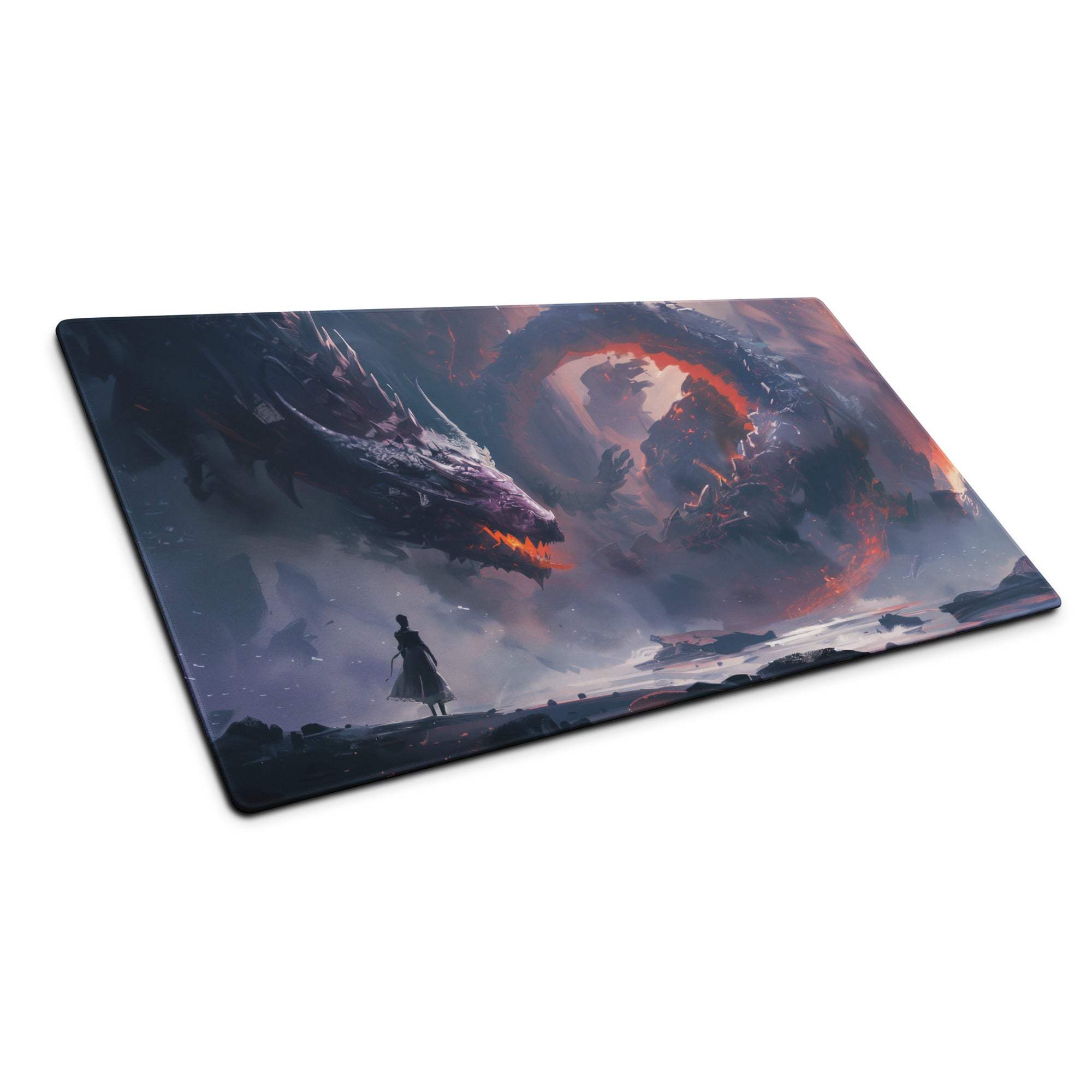 Epic Dragon Siege fantasy gaming mousepad with fiery dragon illustration