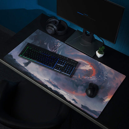 Epic Dragon Siege fantasy gaming mousepad with swirling clouds and fiery hues