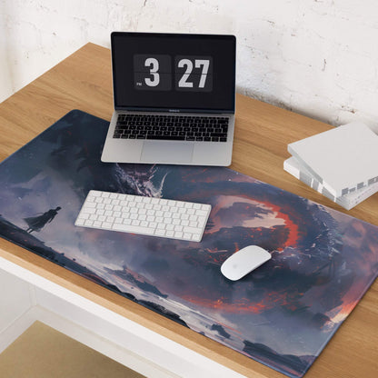Epic Dragon Siege fantasy gaming mousepad with dramatic fiery sky