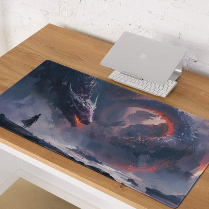 Epic Dragon Siege dark blue gaming mouse pad with fiery dragon illustration