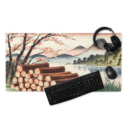 Ukiyo-e landscape gaming mouse pad with cherry blossoms, logs, mountains in pastel sunset tones