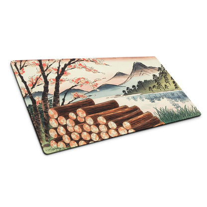 Ukiyo-e landscape gaming mouse pad with cherry blossoms, mountains in pastel sunset tones