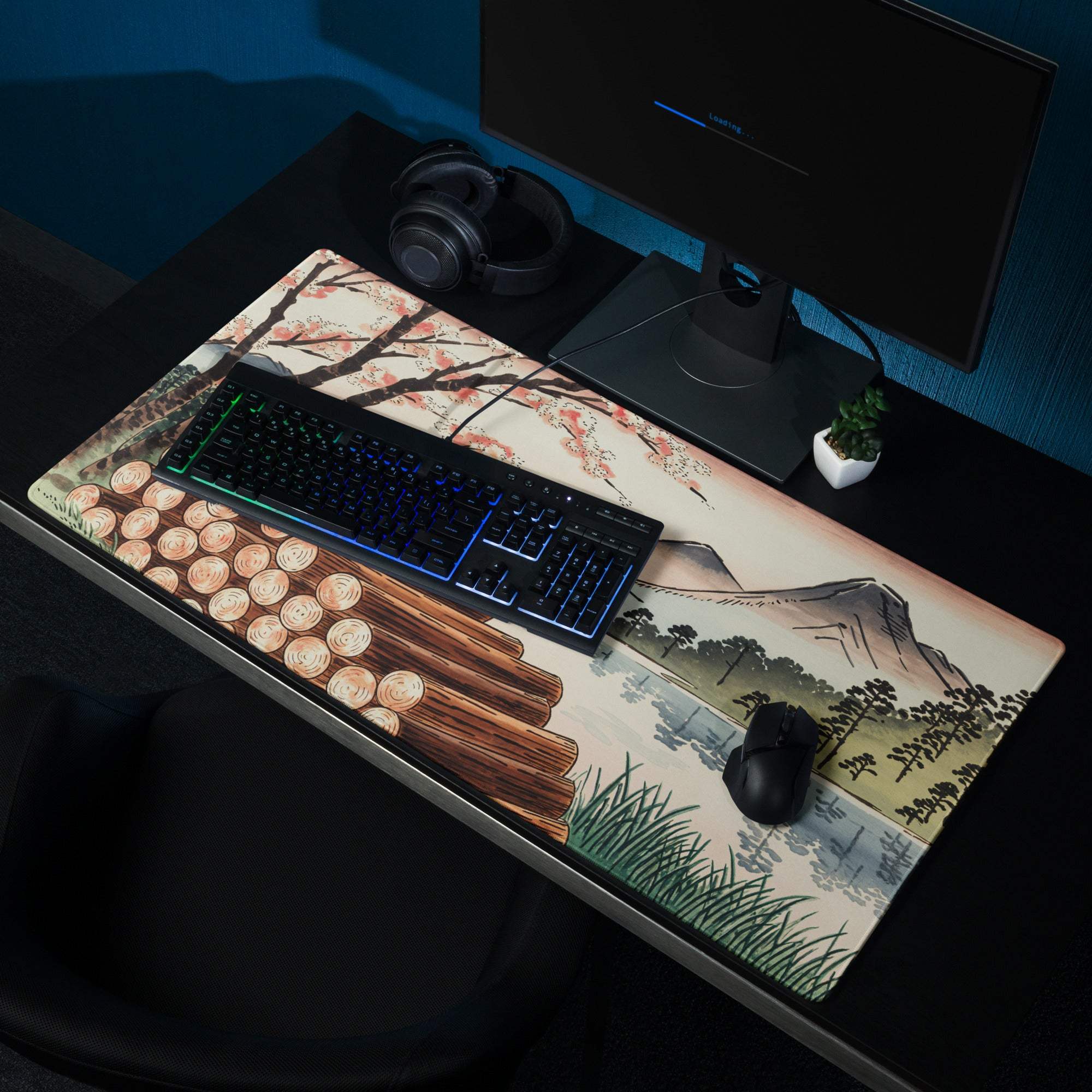 Ukiyo-e landscape gaming mouse pad in calm pastel sunset colors