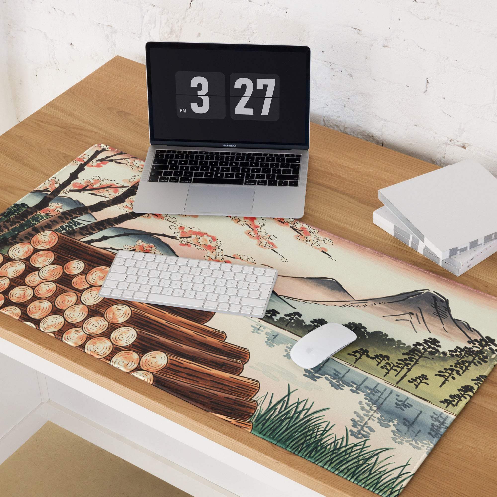 Ukiyo-e landscape gaming mouse pad with cherry blossoms, logs, mountains
