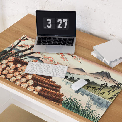 Ukiyo-e landscape gaming mouse pad with cherry blossoms, logs, mountains