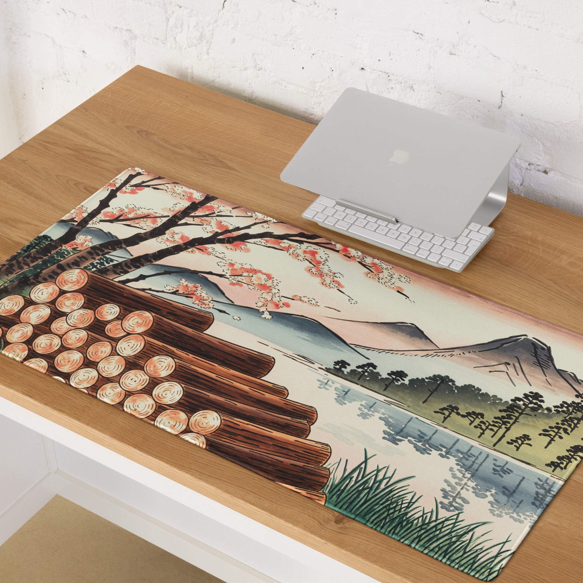 Ukiyo-e landscape gaming mouse pad with stacked logs, cherry blossoms, mountains in pastel sunset tones