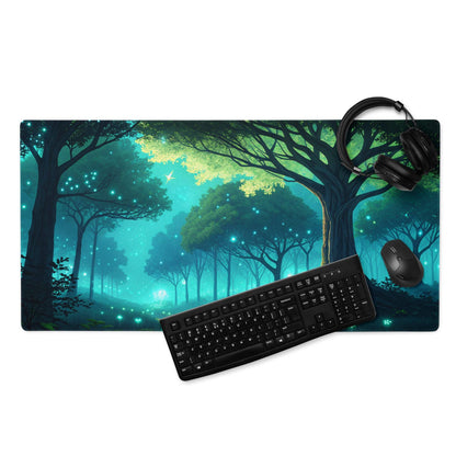 Fantasy Forest Glow large gaming mousepad with vibrant forest, blue lights, non-slip base