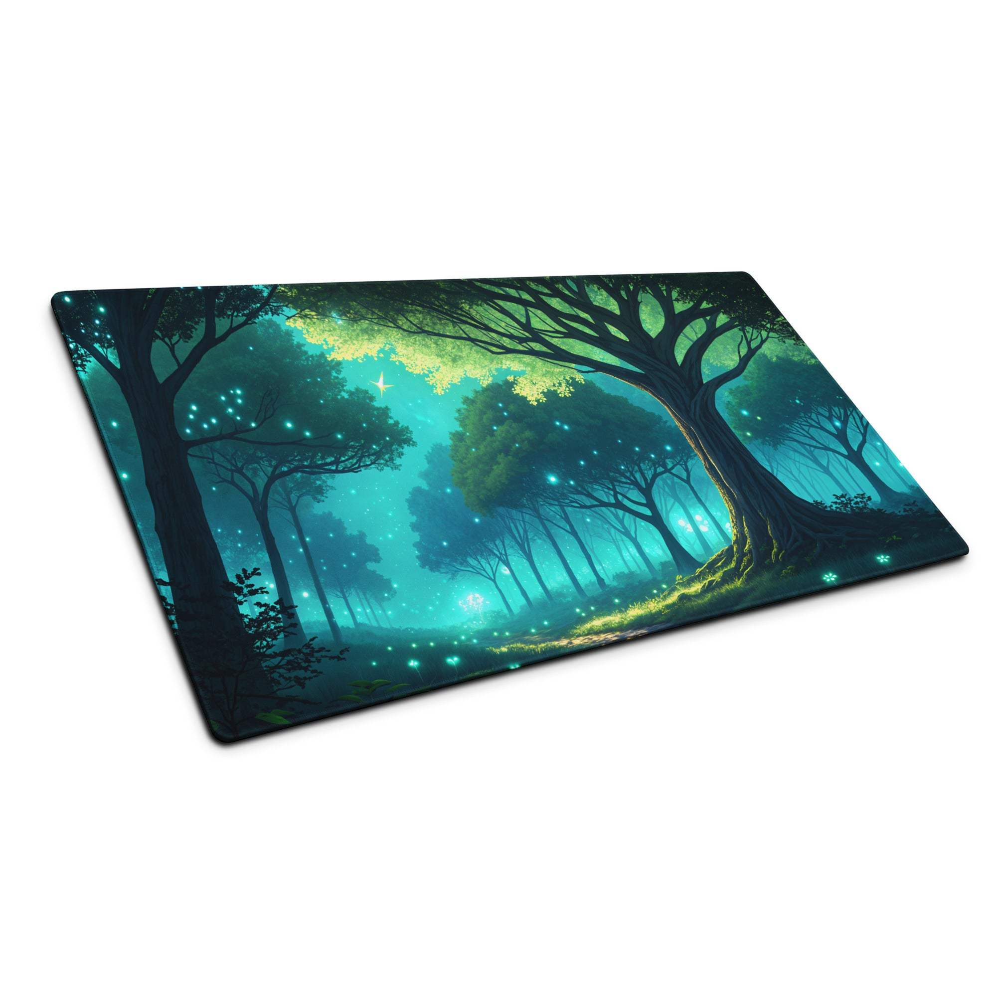 Fantasy Forest Glow large gaming mousepad with vibrant forest, glowing lights, non-slip base