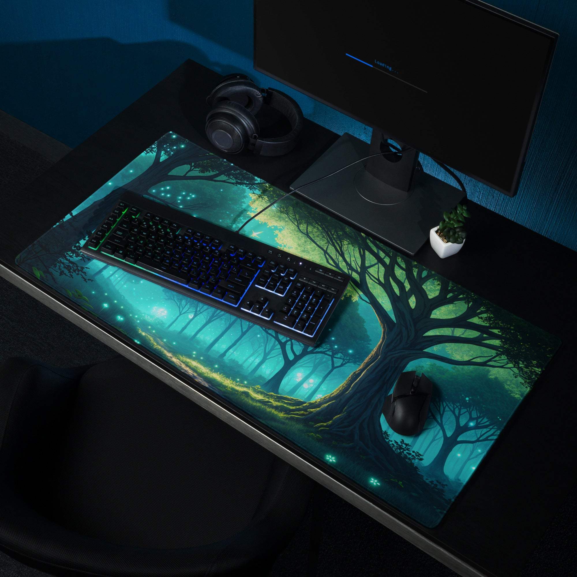 Large Fantasy Forest Glow gaming mouse pad with enchanted forest design