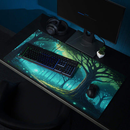 Large Fantasy Forest Glow gaming mouse pad with enchanted forest design
