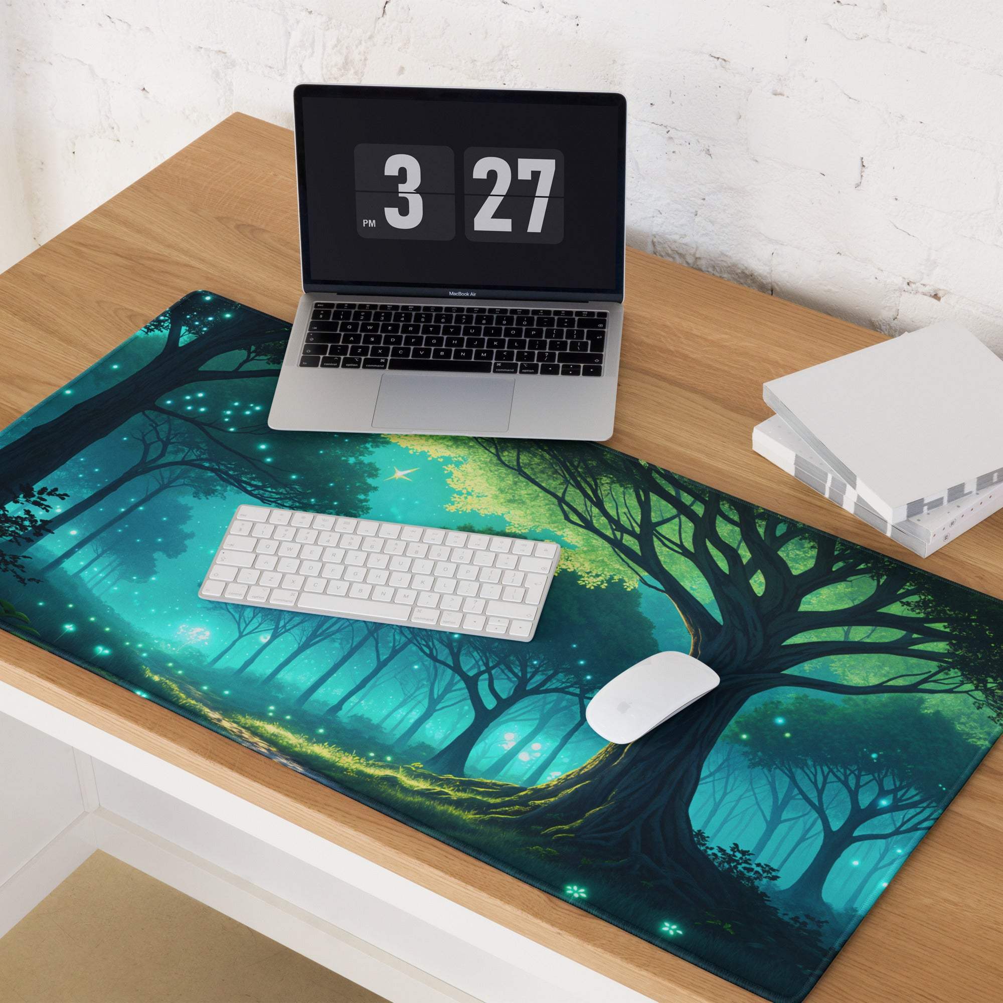 Fantasy Forest Glow large gaming mouse pad with vibrant teal forest design
