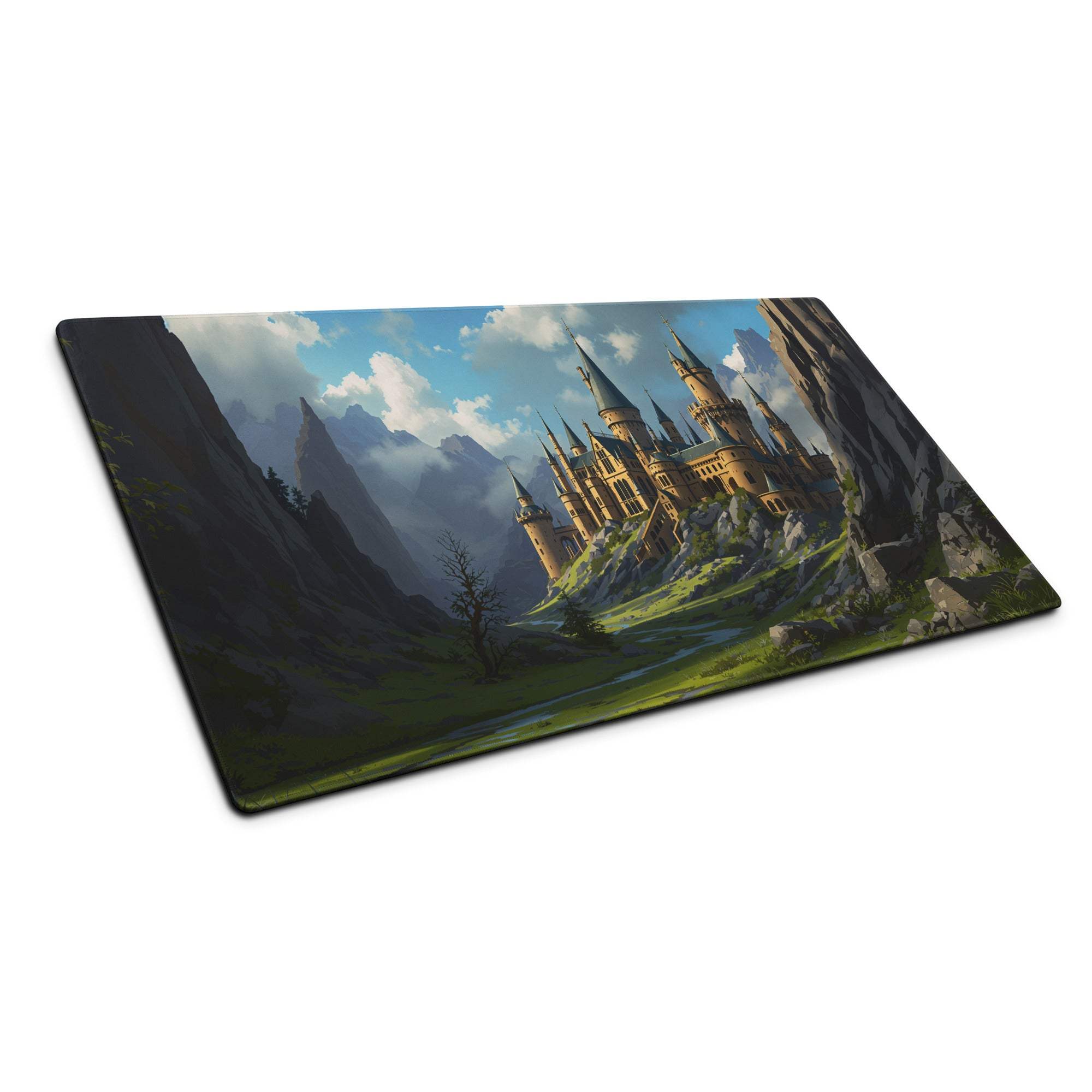 Epic fantasy castle gaming mouse pad with medieval landscape design
