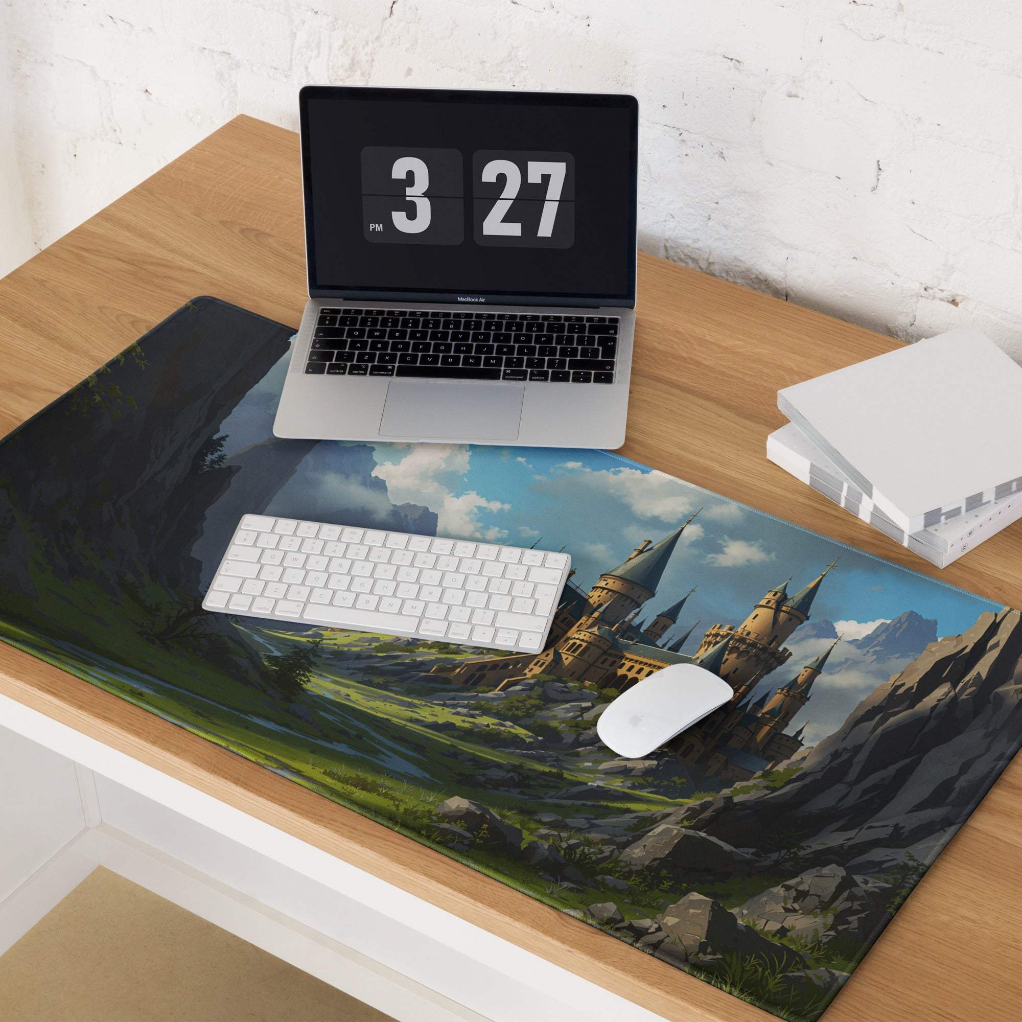 Epic Fantasy Hogwarts Castle gaming mousepad on wooden desk