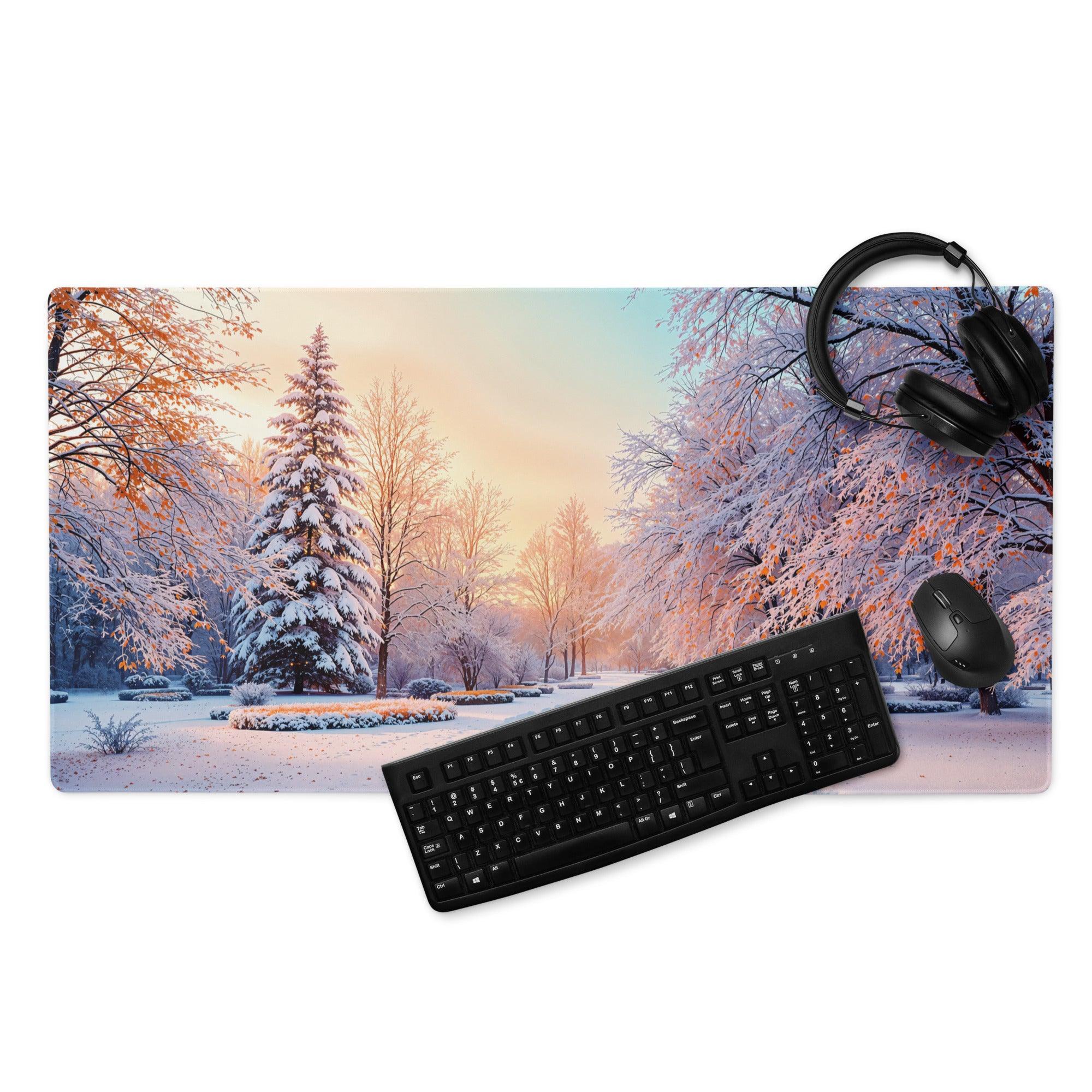 Dreamy Winter Park snow scene gaming mouse pad with edge stitching