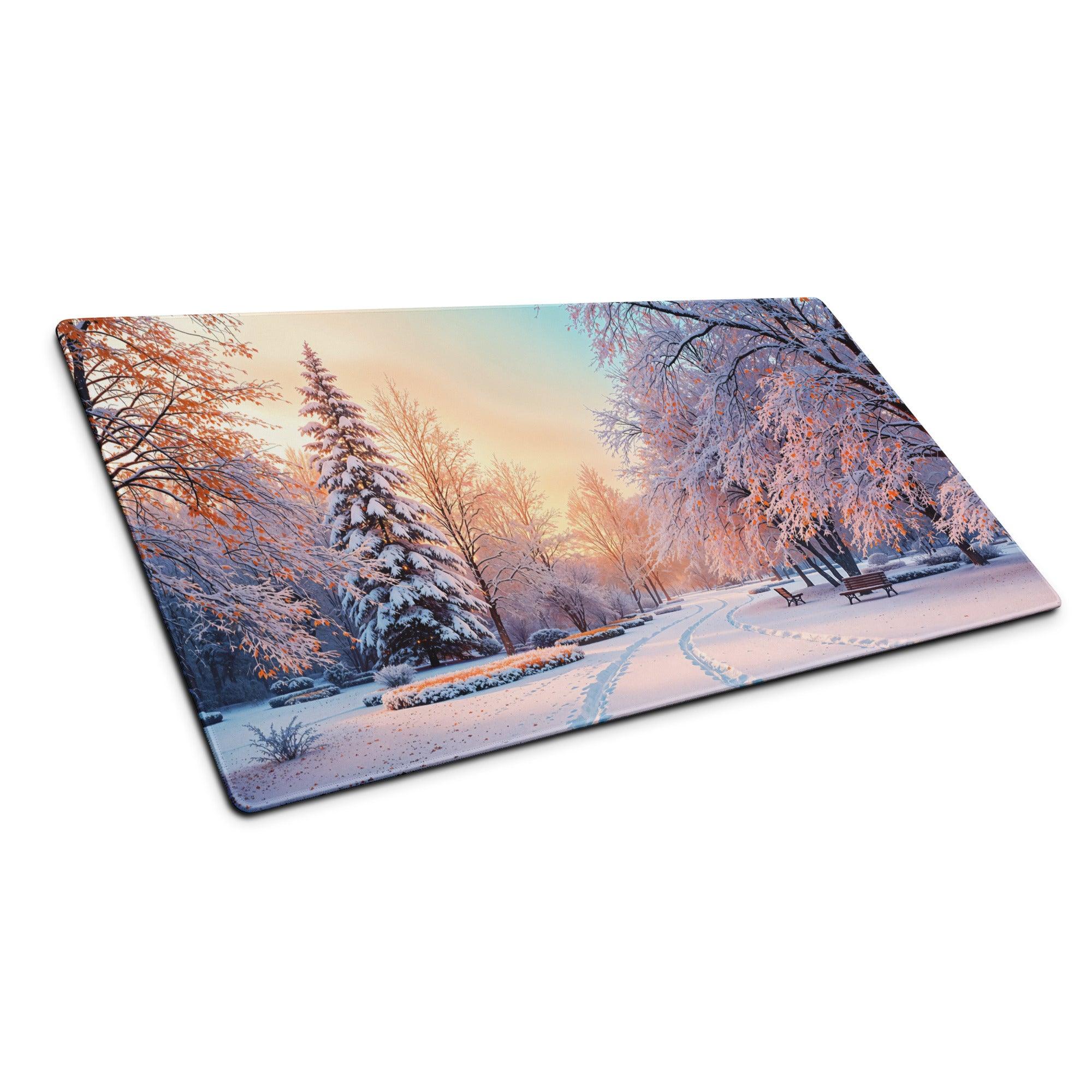 Rectangular glass cutting board with dreamy winter park snow scene and sunset glow