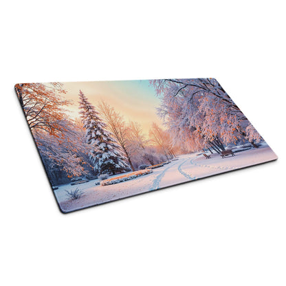 Rectangular glass cutting board with dreamy winter park snow scene and sunset glow