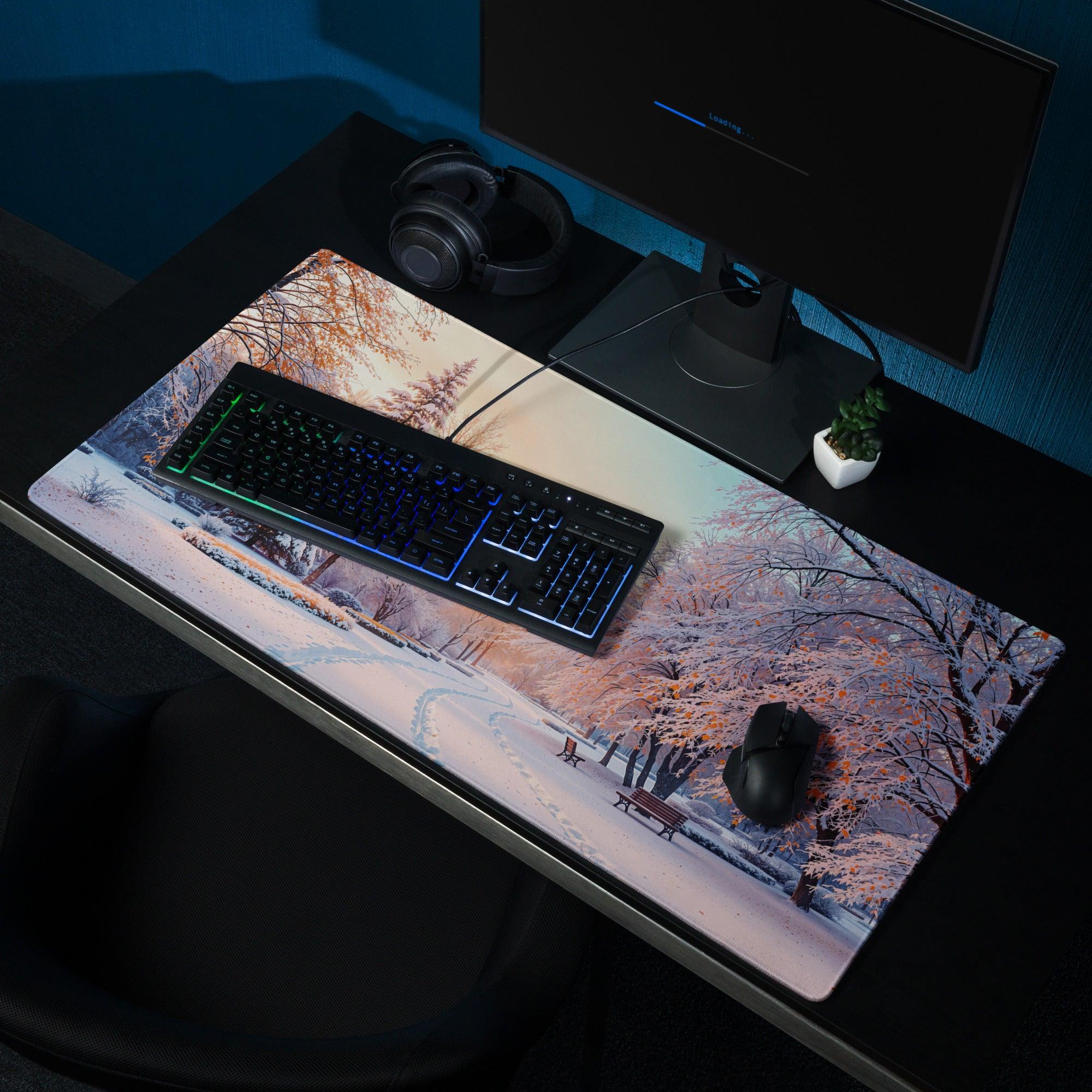 Dreamy Winter Park snow scene gaming mouse pad with sunset glow
