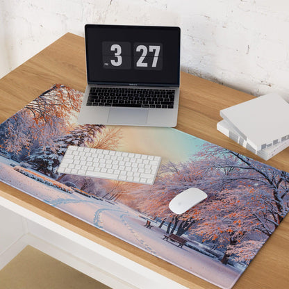 Dreamy Winter Park snow scene mousepad with sunset glow and edge stitching