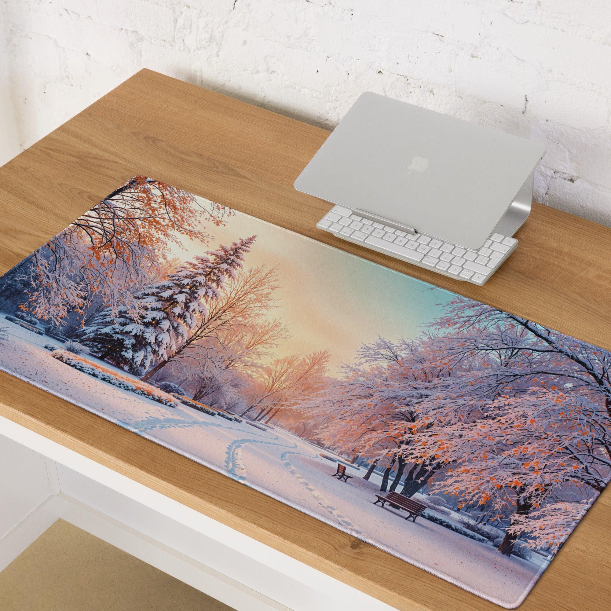 Dreamy winter park snow scene sunset glow large gaming mouse pad