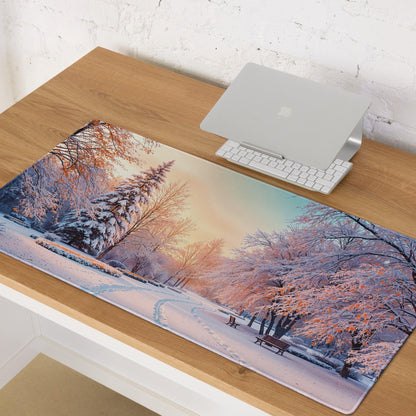 Dreamy winter park snow scene sunset glow large gaming mouse pad