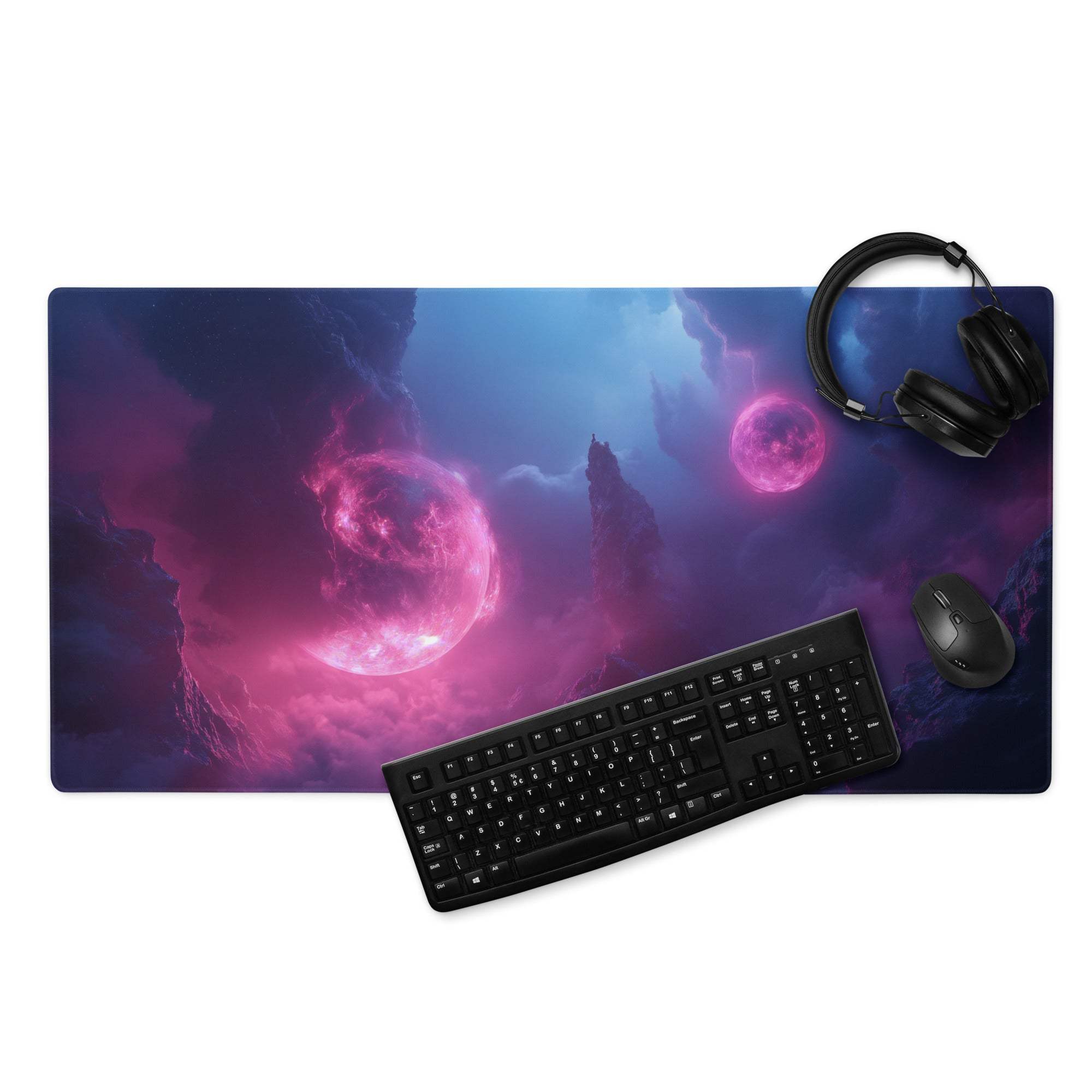 Cosmic neon pink blue space gaming mouse pad with nebulae and non-slip backing