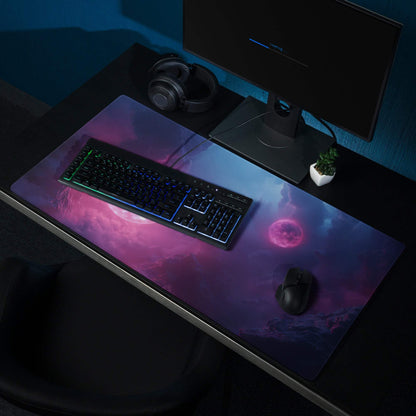 Vibrant cosmic neon pink blue gaming mouse pad with nebulae, large size, non-slip backing
