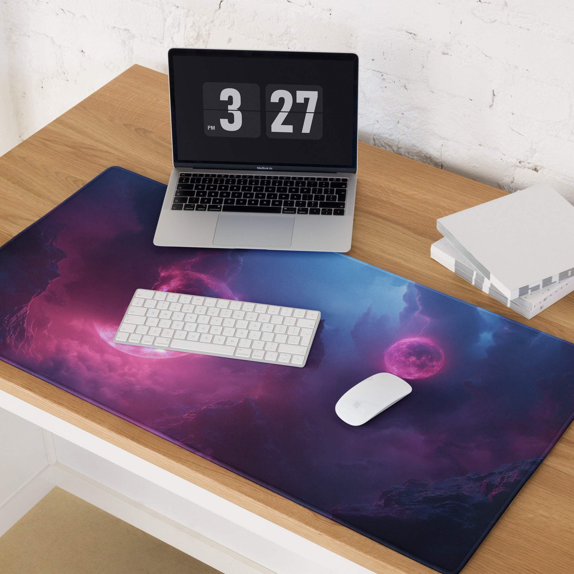 Vibrant cosmic gaming mouse pad with pink planet, nebulae, non-slip backing