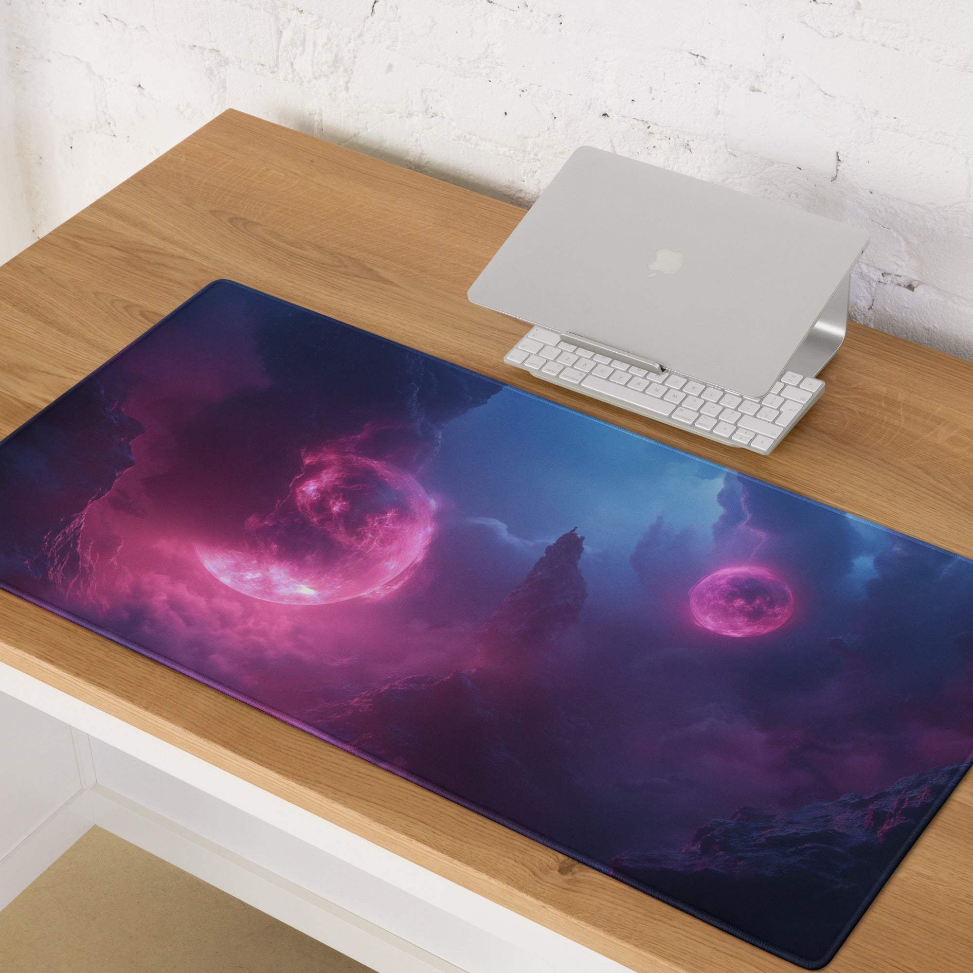 Cosmic neon pink blue space gaming mouse pad with non-slip backing