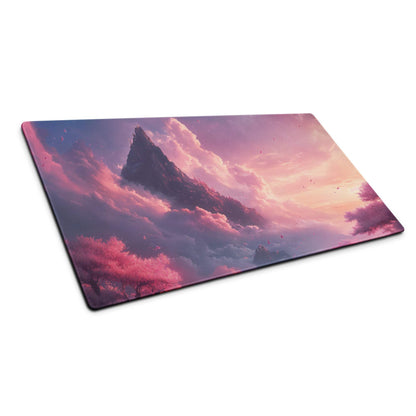 Dreamy Mountain Sunset large gaming mouse pad with surreal pink purple clouds