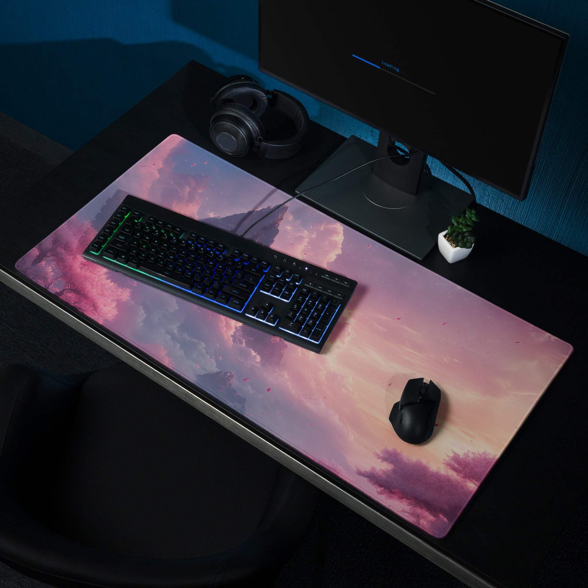 Dreamy Mountain Sunset large gaming mouse pad with pink purple sky and non-slip base