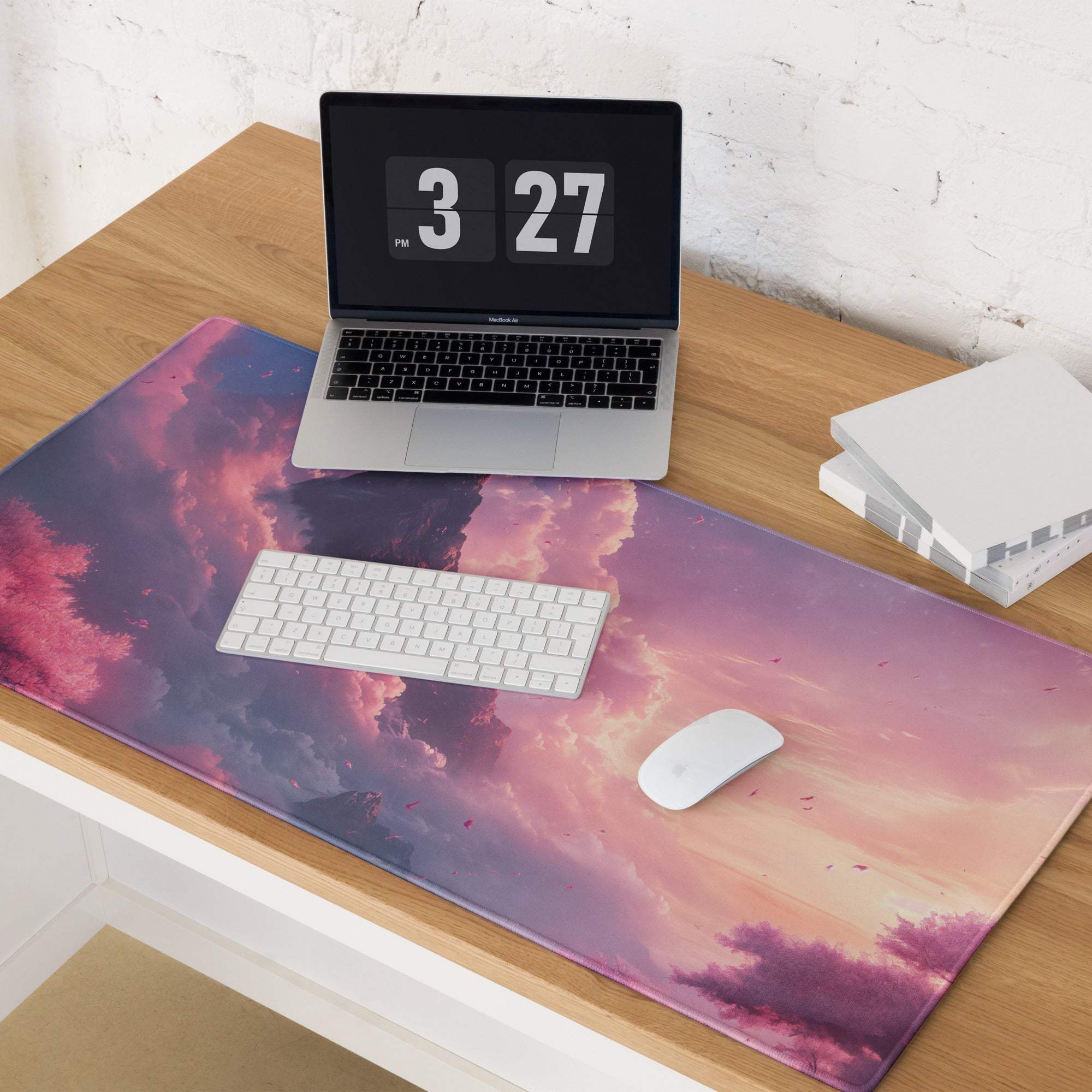 Dreamy Mountain Sunset large gaming mouse pad with vibrant gradient sky and clouds