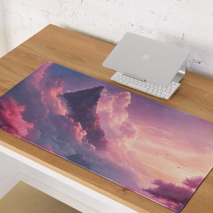 Dreamy Mountain Sunset large gaming mouse pad with surreal pink purple sky