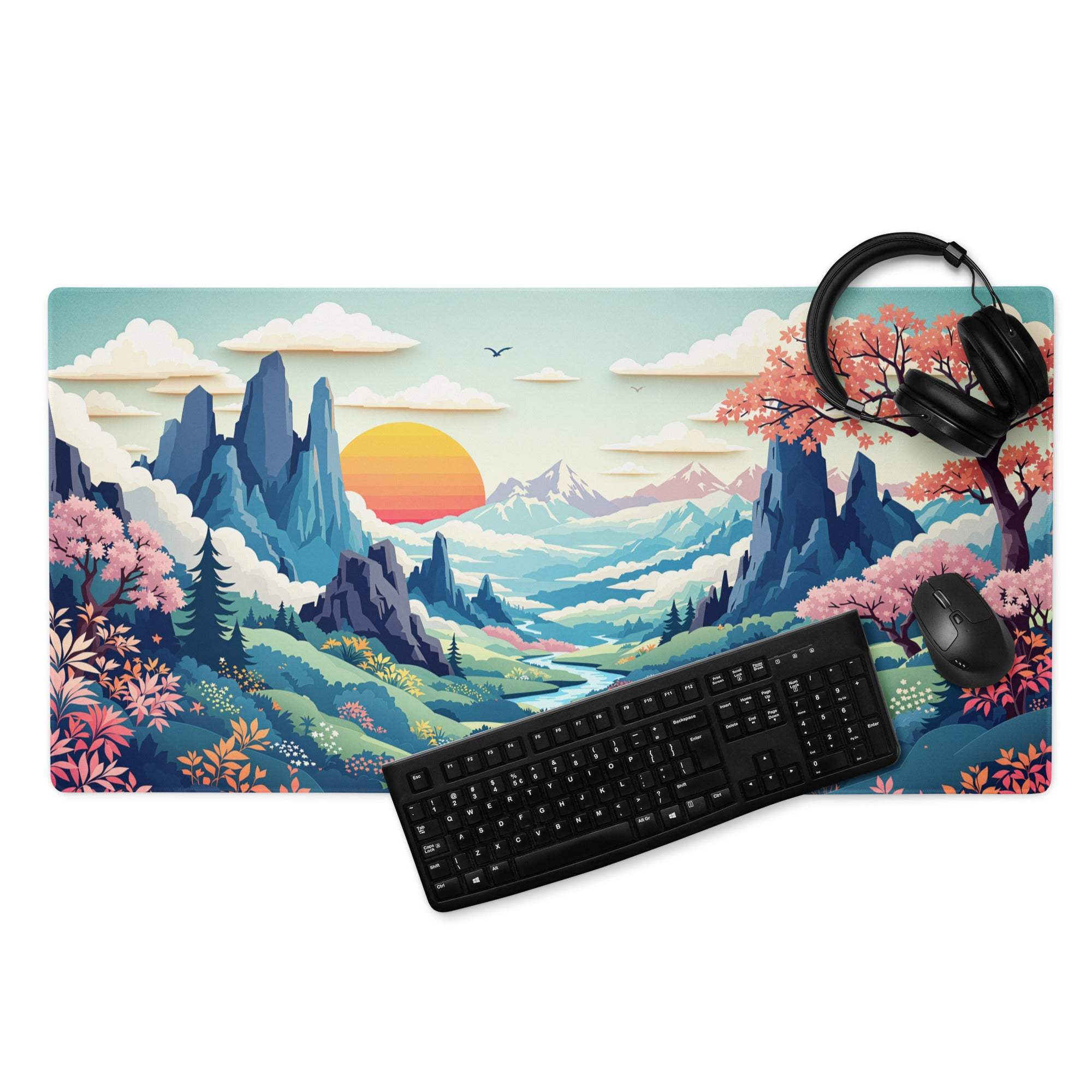 Artistic landscape gaming mouse pad with colorful sunset mountains and cherry blossoms