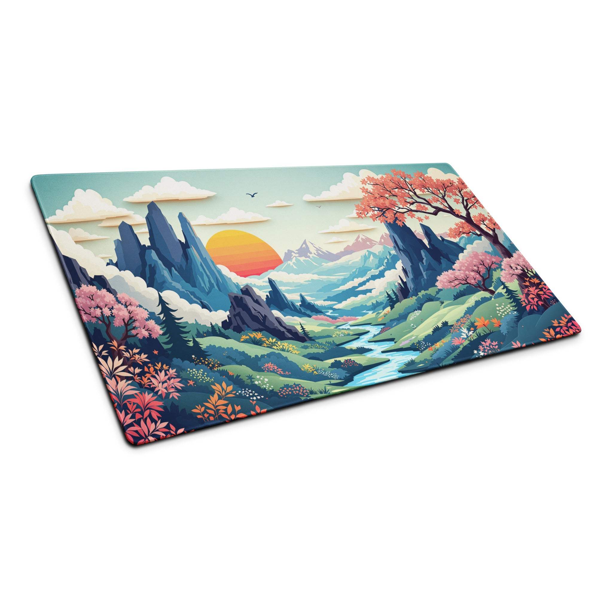 Colorful artistic landscape gaming mouse pad with sunset mountains and river