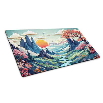 Colorful artistic landscape gaming mouse pad with sunset mountains and river
