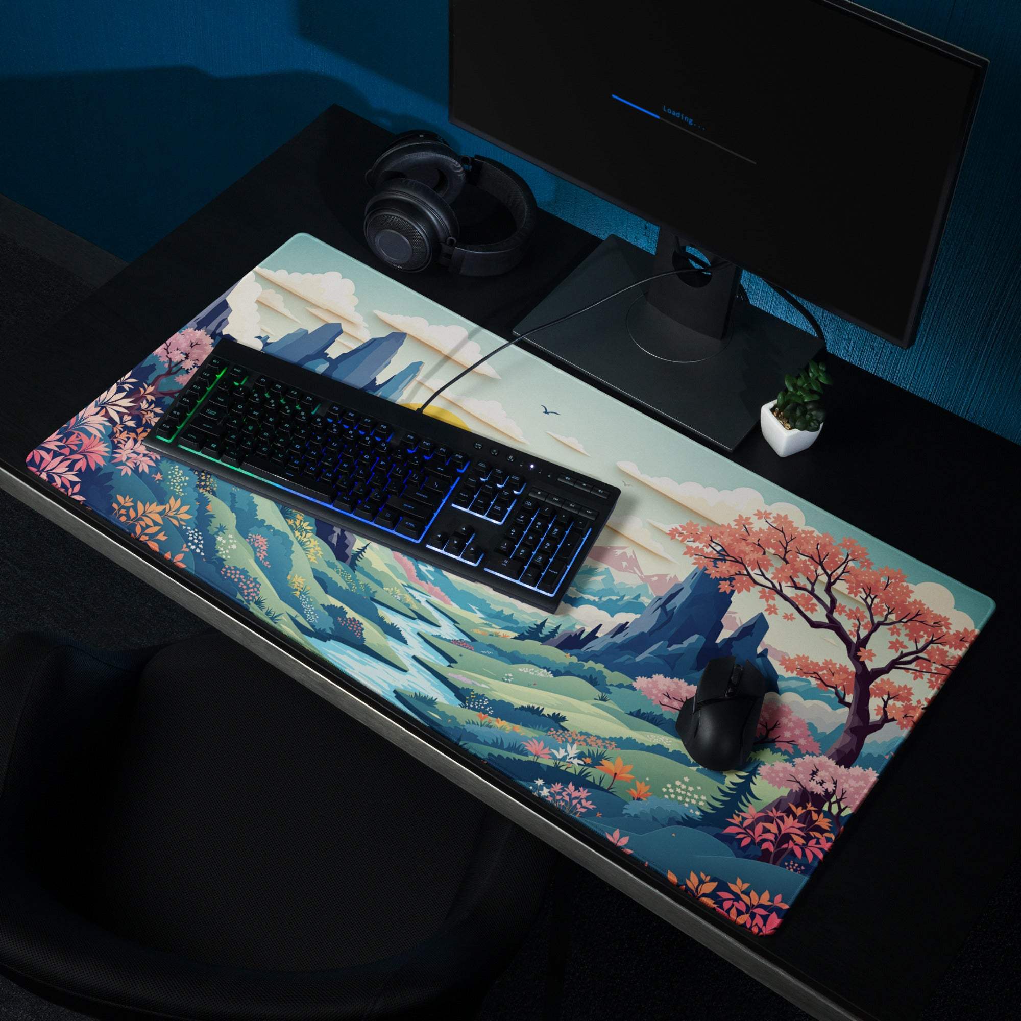 Vibrant artistic mountain valley sunset gaming mouse pad with cherry trees