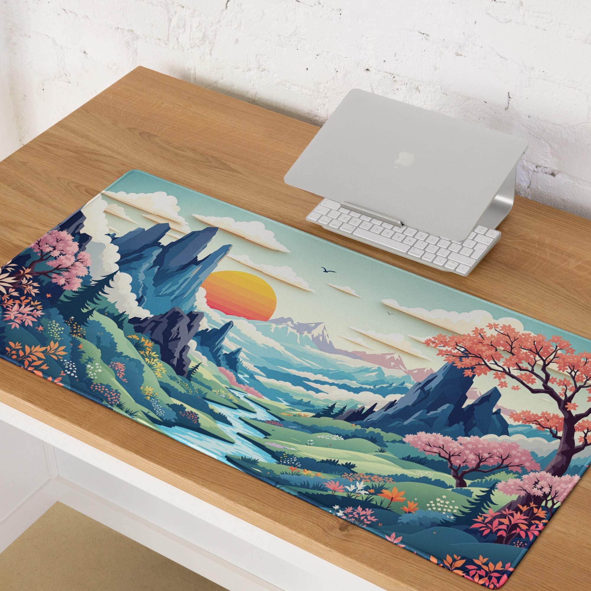 Vibrant artistic landscape gaming mousepad with pastel mountains, cherry blossoms, sunset