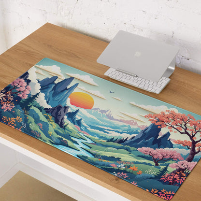 Vibrant artistic landscape gaming mousepad with pastel mountains, cherry blossoms, sunset