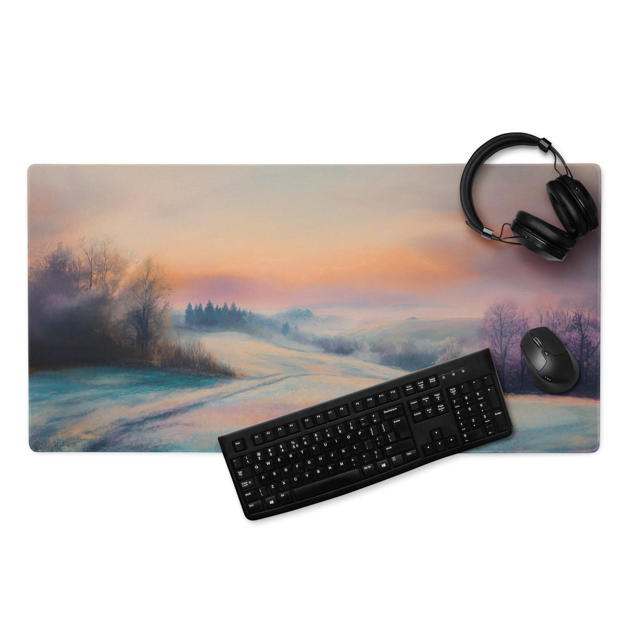 Large pastel sunset winter landscape gaming mouse pad with non-slip backing