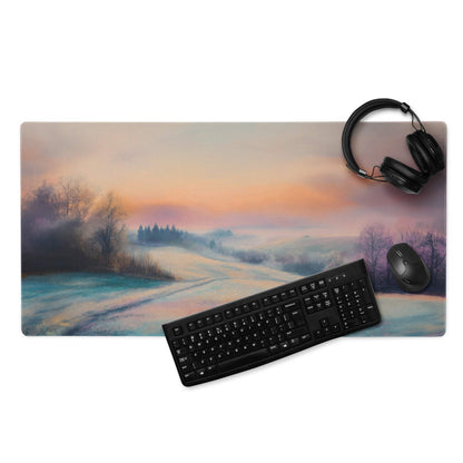 Large pastel sunset winter landscape gaming mouse pad with non-slip backing